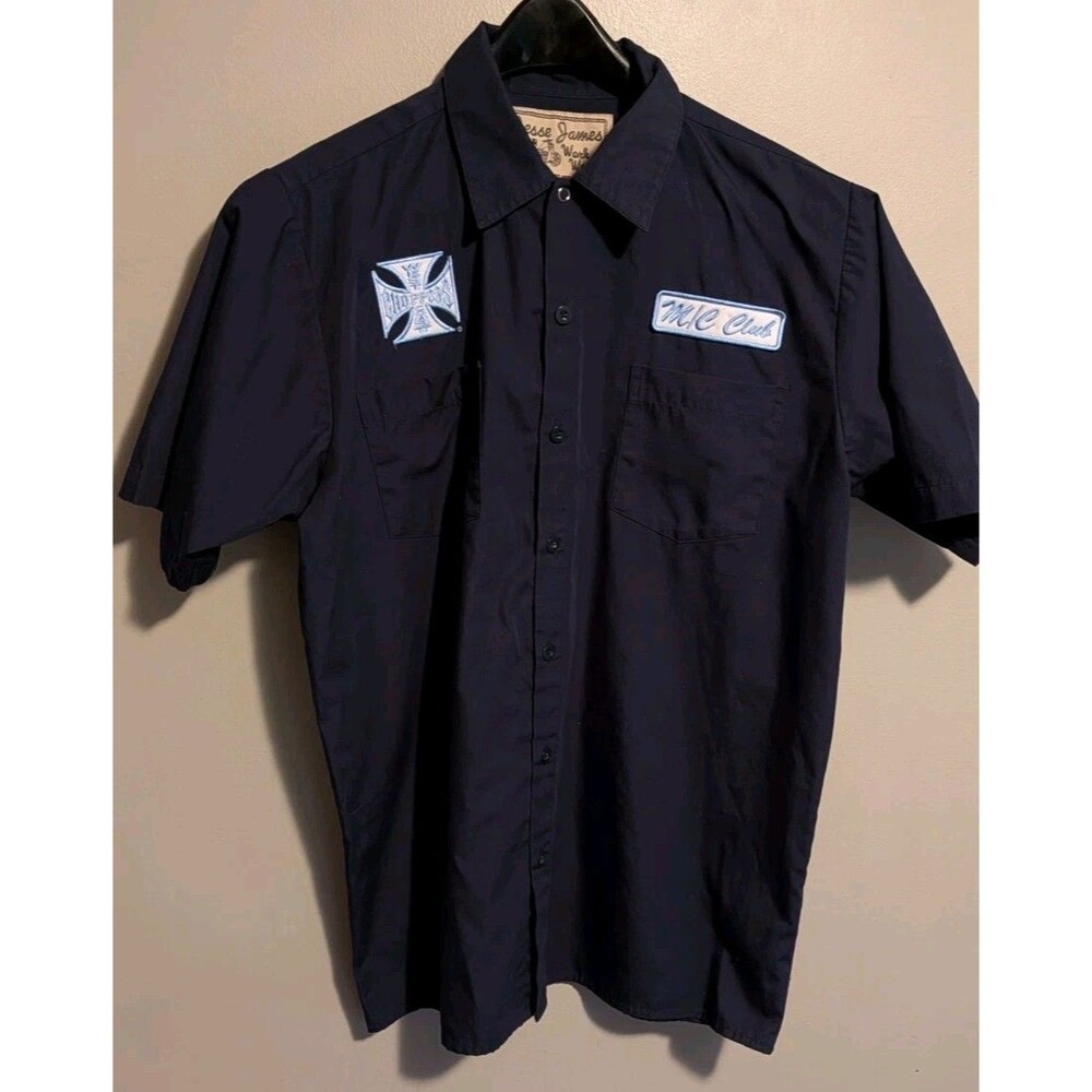 Vintage Jesse James West Coast Choppers Work Shirt Blue Embroidered Medium